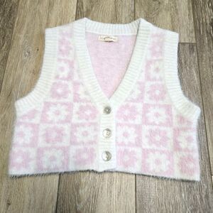 Pacsun La Hearts Fuzzy Retro Floral Crop Sweater Vest Women's XS Pink Coquette